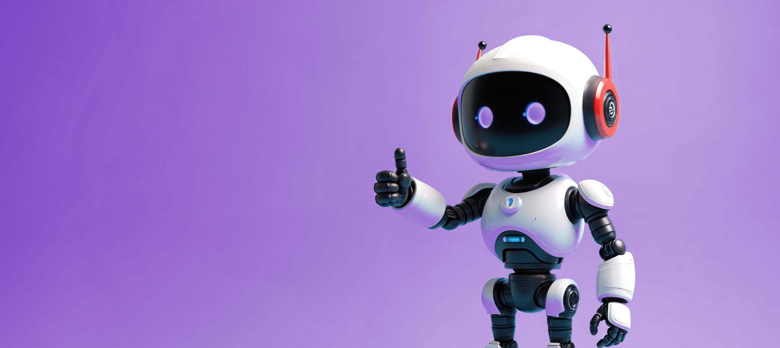 Cute white android robot stands against purple background.