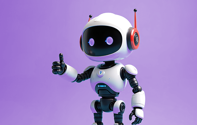Cute white android robot stands against purple background.
