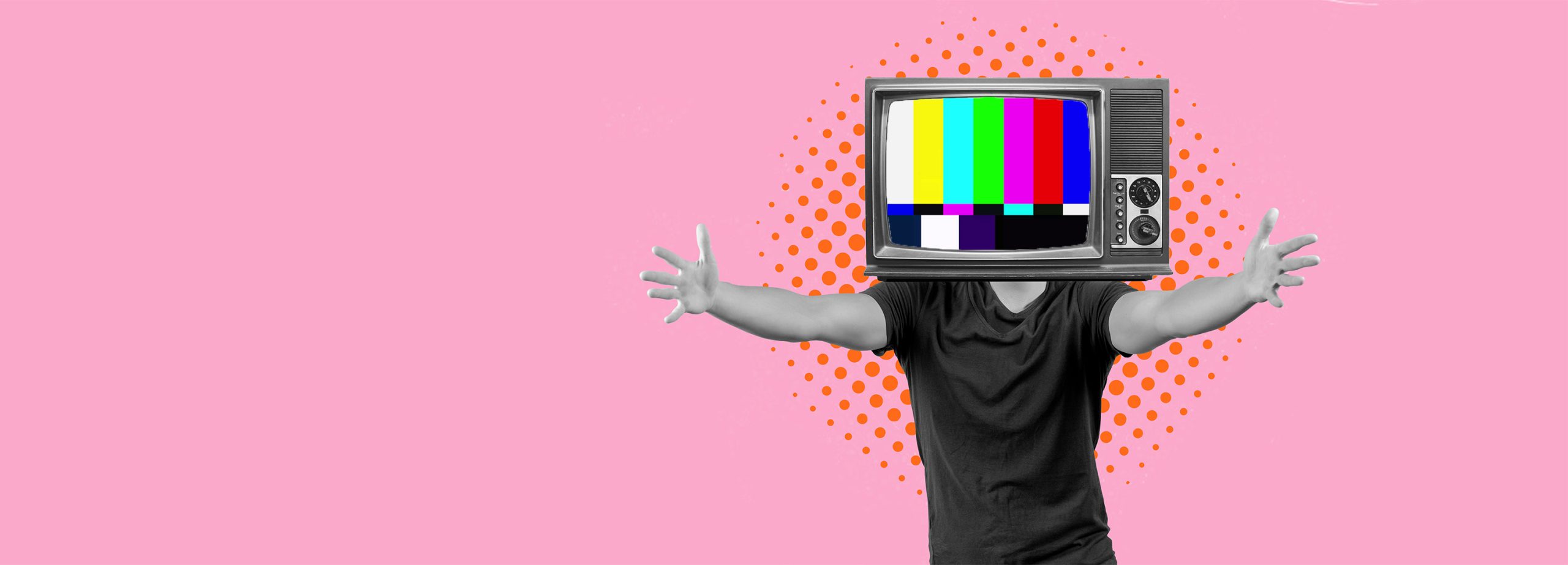 Human with a TV head collage art on a pink background