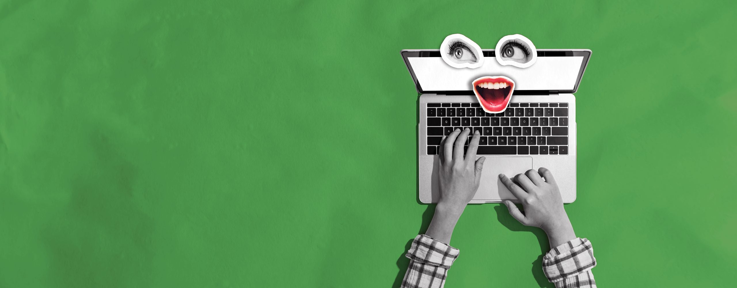 Person using a laptop computer with eyes and mouth collage